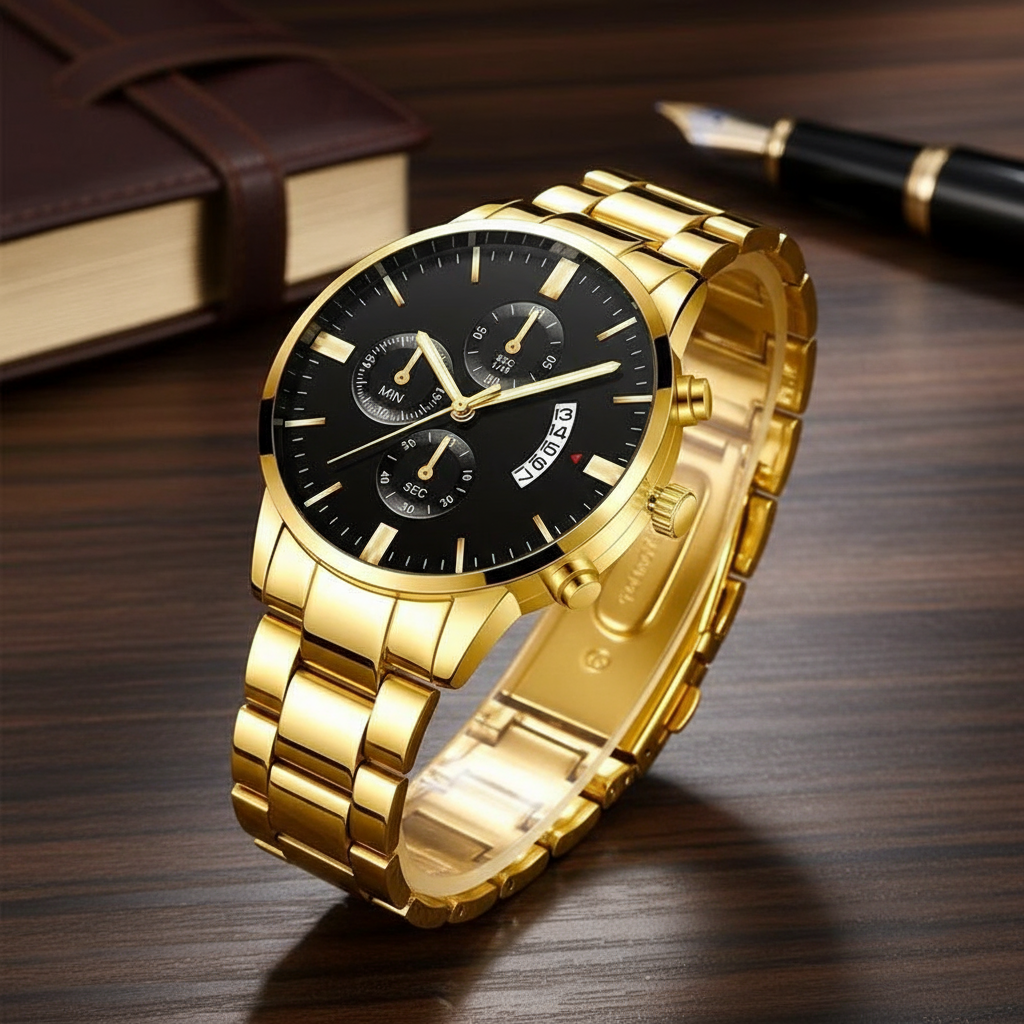  Relógio Masculino de Aço Inoxidável - Estilo Empresarial Quartzo com Data e Marcadores Listrados