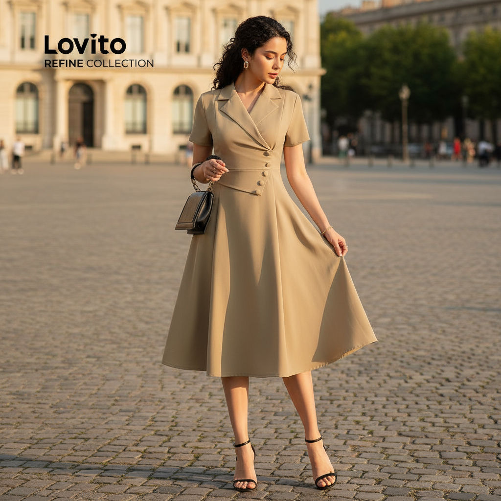 Lovito Refine Vestido Feminino Elegante com Botões Assimétricos para Primavera/Verão em Caqui LR13E026 em Oferta na Shopee