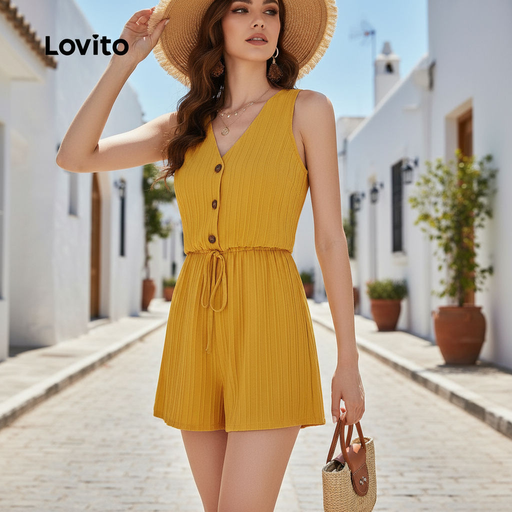 Lovito Macacão Feminino Casual com Botões, Amarração e Laço para Primavera/Verão em Amarelo L138AD889