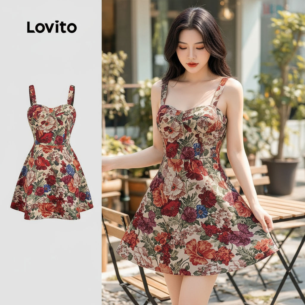 Lovito Férias Vestido Retrô Primavera Verão Multicolor para Mulheres L144AD149