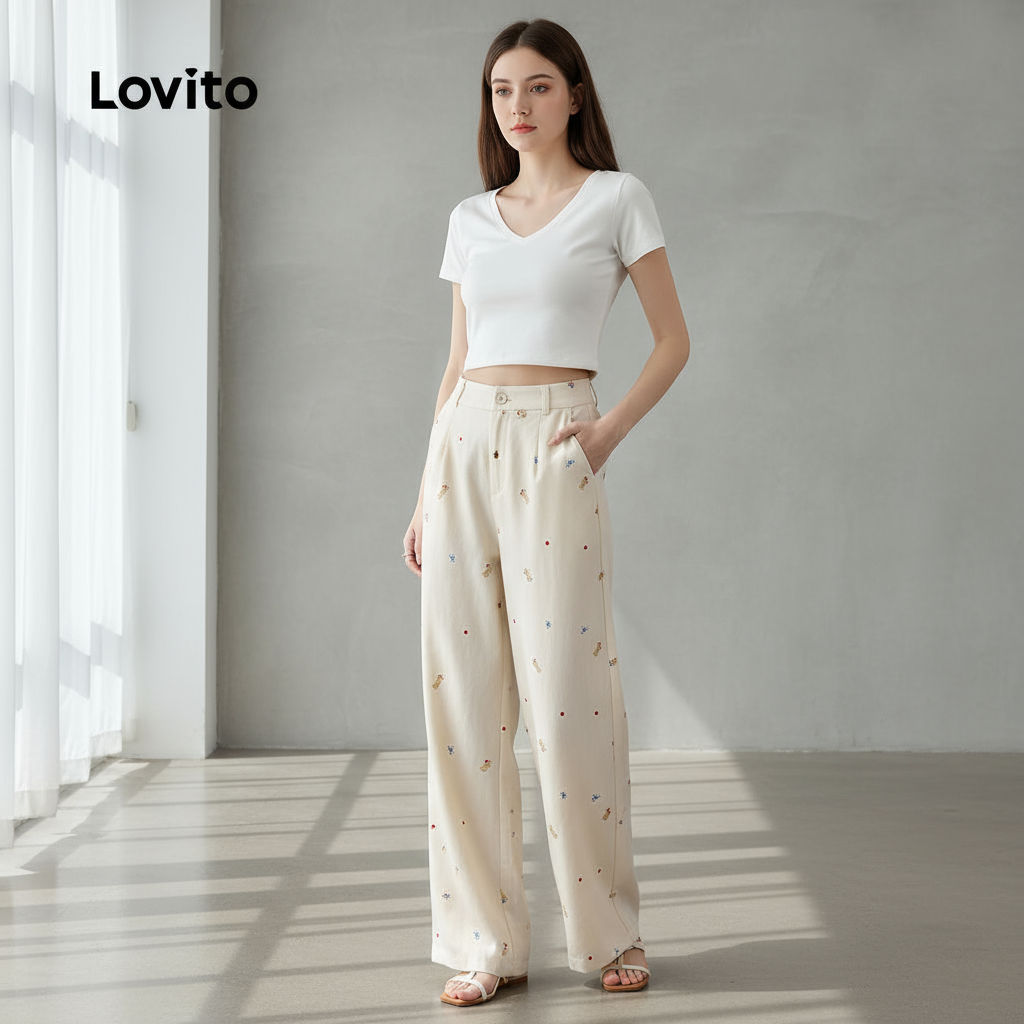 Lovito Calça Casual Feminina Bolso Falso Todas As Estações Off-white L144AD012 em Oferta na Shopee