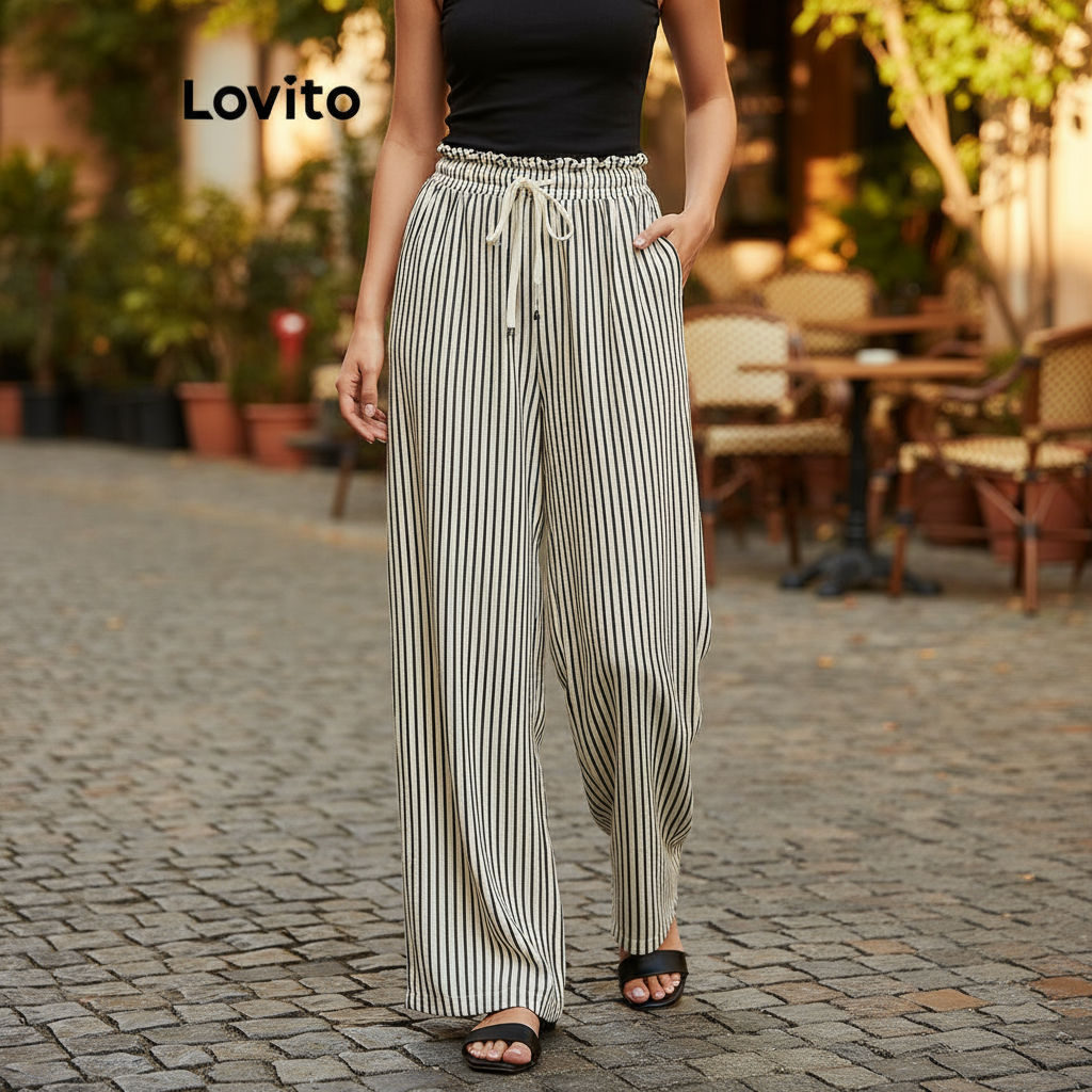 Lovito Calça Feminina Casual Listrada Com Costura Em Tecido Cordão E Gravata Frontal L117AD087 em Oferta na Shopee
