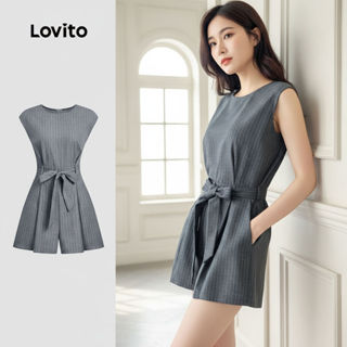 Lovito Macacão Feminino Casual com Estampa Geométrica e Cinto, Primavera/Verão, Cinza L154ED232 em Oferta na Shopee