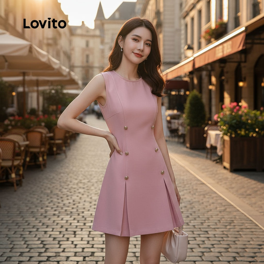 Vestido Lovito com botão plissado A-Hem DRB155P2D2366 em Oferta na Shopee