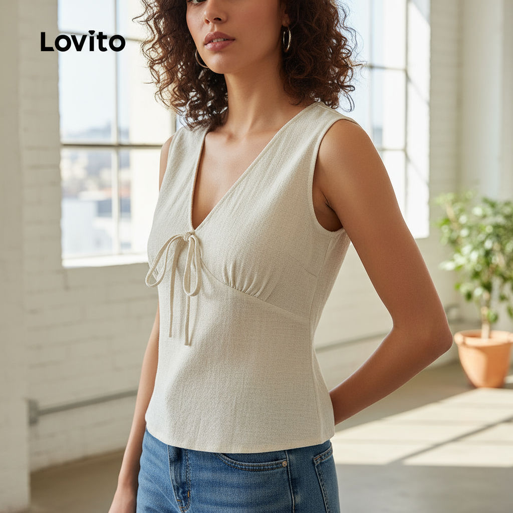 Lovito Blusa Feminina Elegante com Amarração Frontal e Design Estruturado Primavera/Verão Leve Caqui L137LD137 em Oferta na Shopee