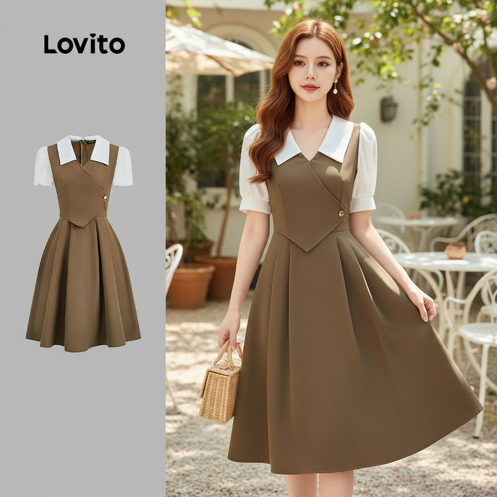 Lovito Refine Vestido Feminino Elegante com Botões em Bloco de Cores Marrom para Primavera Verão L154ED1141 em Oferta na Shopee