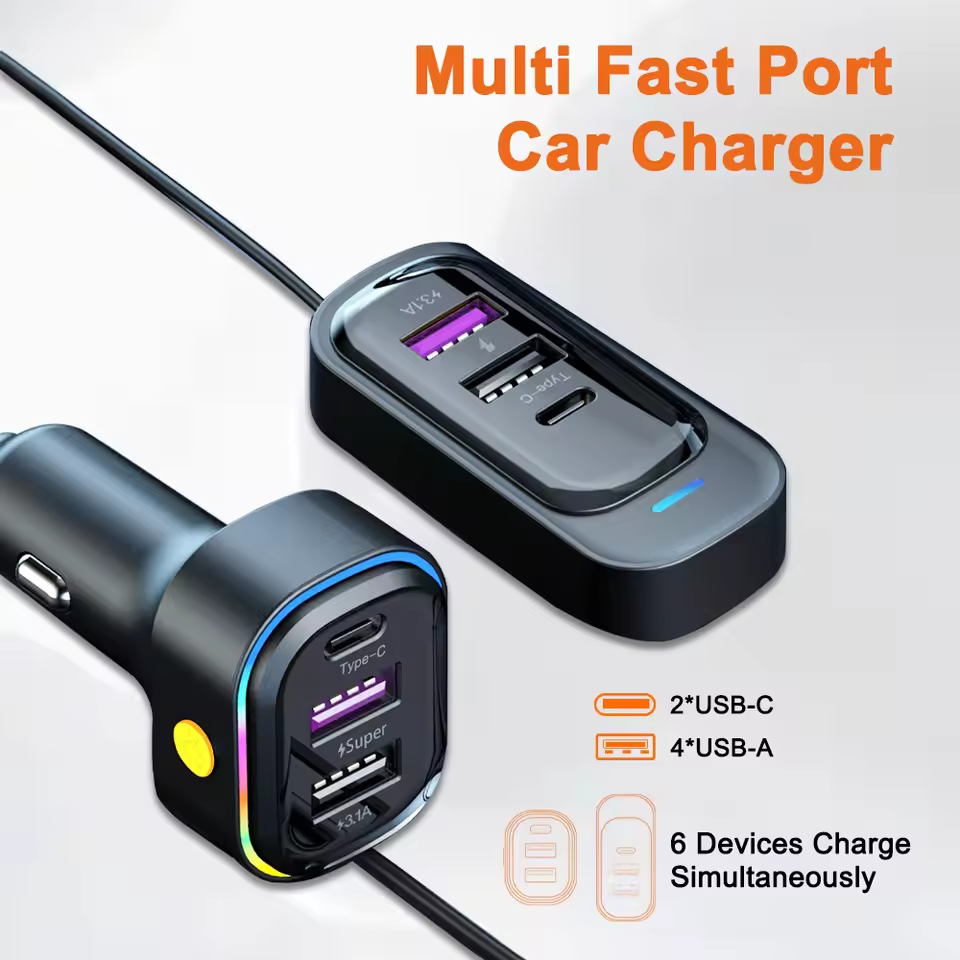 Carregador de carro multi-porta Super carregador rápido Suporte Android 66W Interface Tipo-c Carregamento de carro