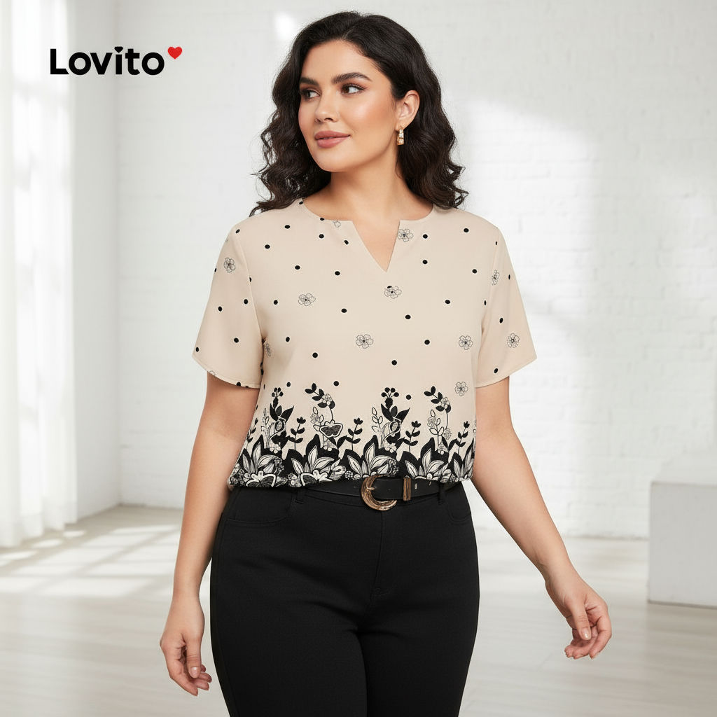 Lovito Blusa Feminina Plus Size Casual Floral com Abertura Frontal para Verão Primavera LBL22563 em Oferta na Shopee