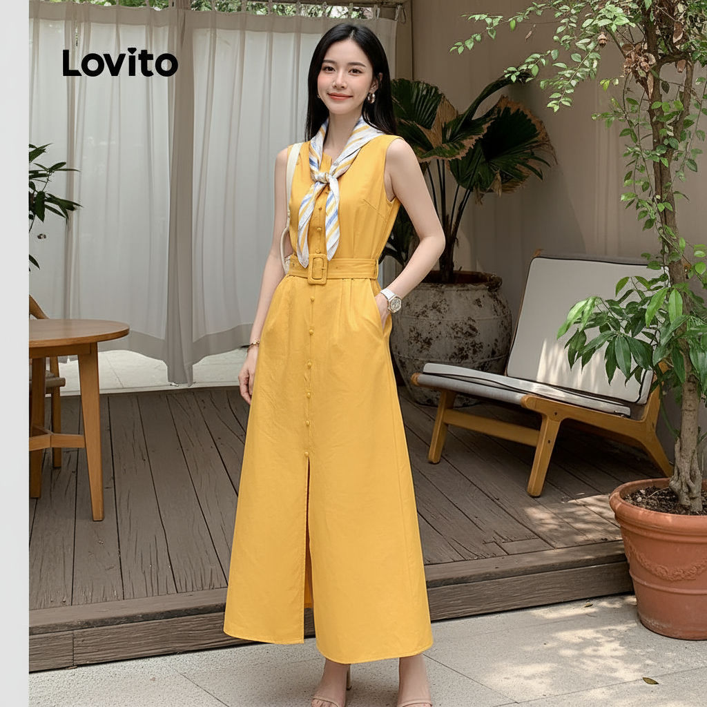 Lovito Vestido feminino Casual com botões para Primavera Verão Amarelo LBL28341 em Oferta na Shopee