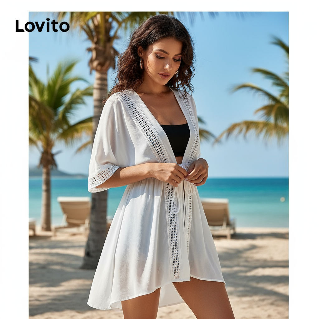 Lovito Blusa Feminina Lisa com Amarração Gola Franzida Contraste e Manga Média Verão L48AD026