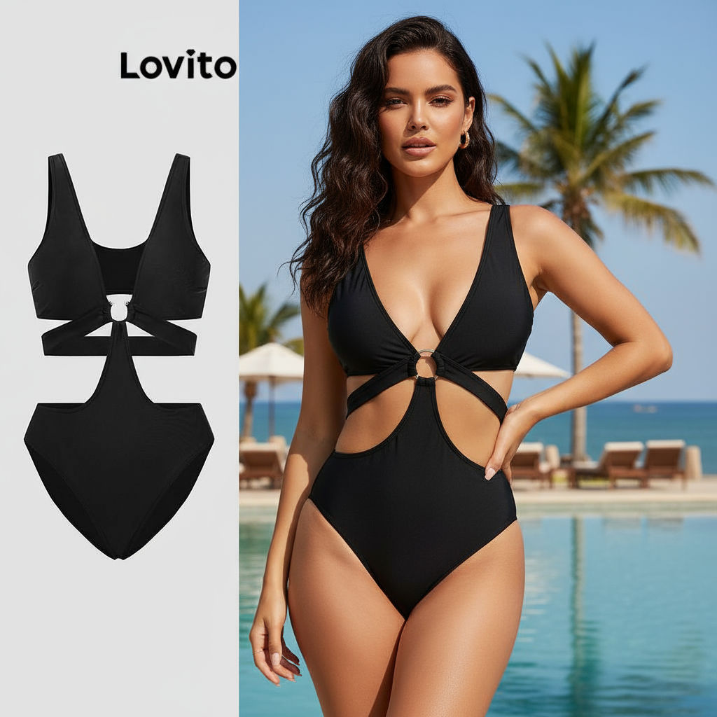 Lovito Maiô Boho Liso de Uma Peça com Recorte Metálico para Mulheres LBL18861 em Oferta na Shopee