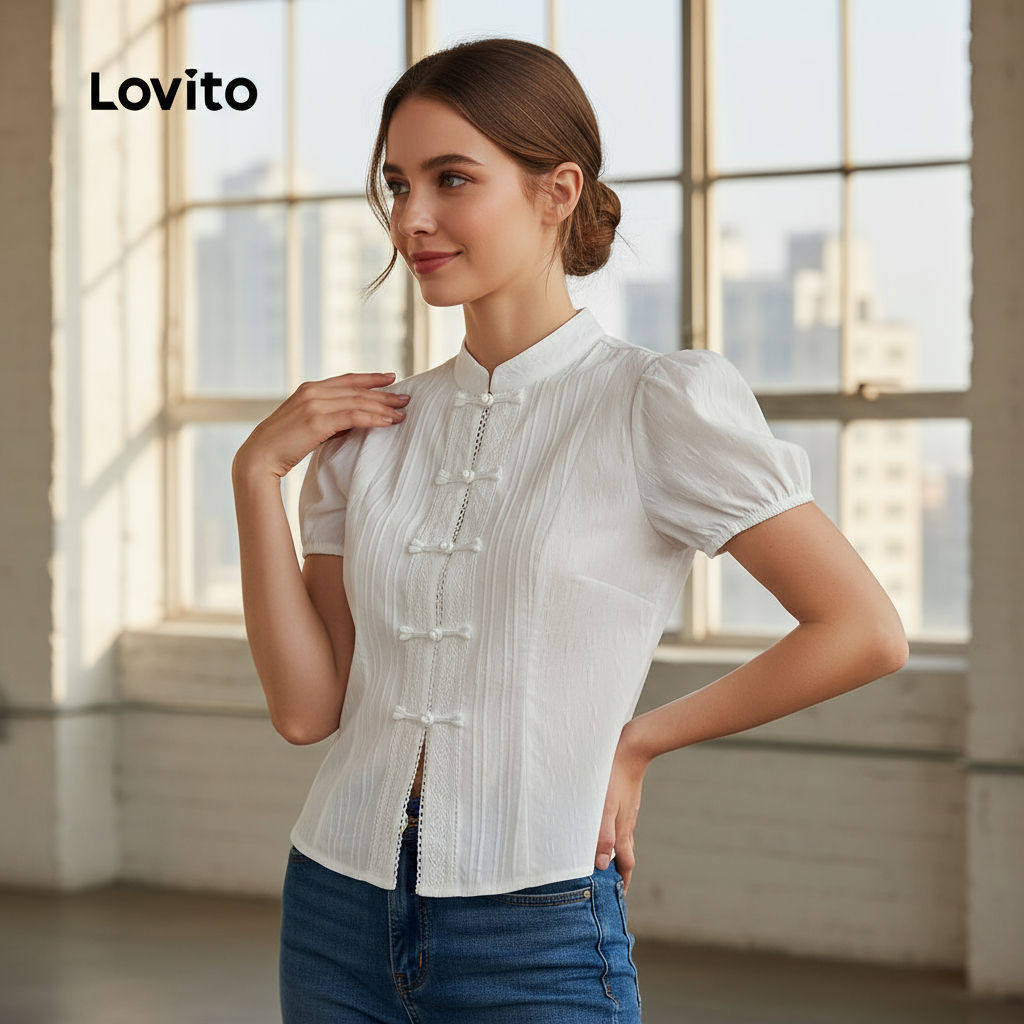 Lovito Casual Blusa Feminina Com Botões Para Verão/Primavera L125AD369