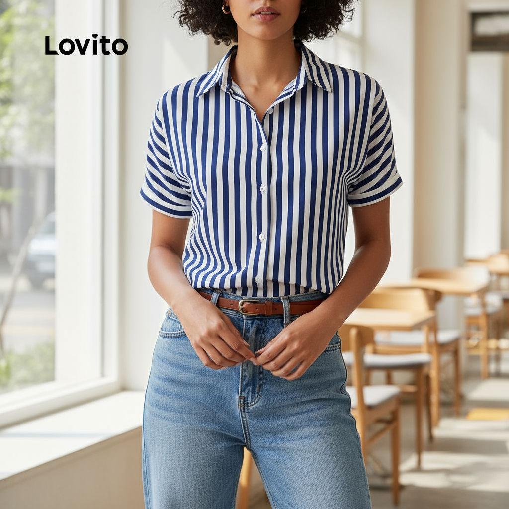 Lovito Blusa feminina Casual lateral com botão e listras frontais LBL22493 em Oferta na Shopee