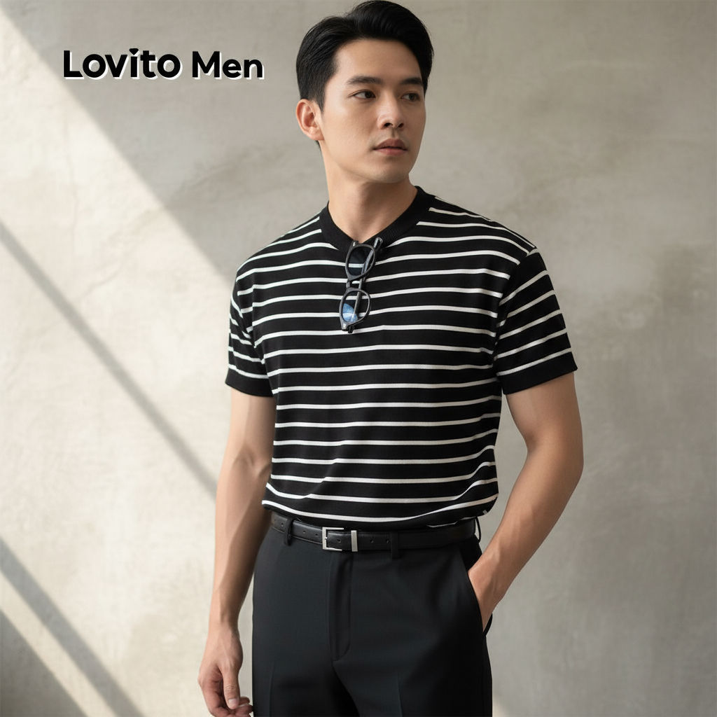 Lovito Refine Camiseta Casual Masculina Preta para Primavera/Verão LNE118014 em Oferta na Shopee