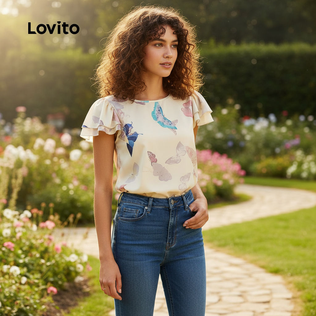 Lovito Blusa Feminina Casual Babados Borboleta Verão Primavera L129ED629 em Oferta na Shopee