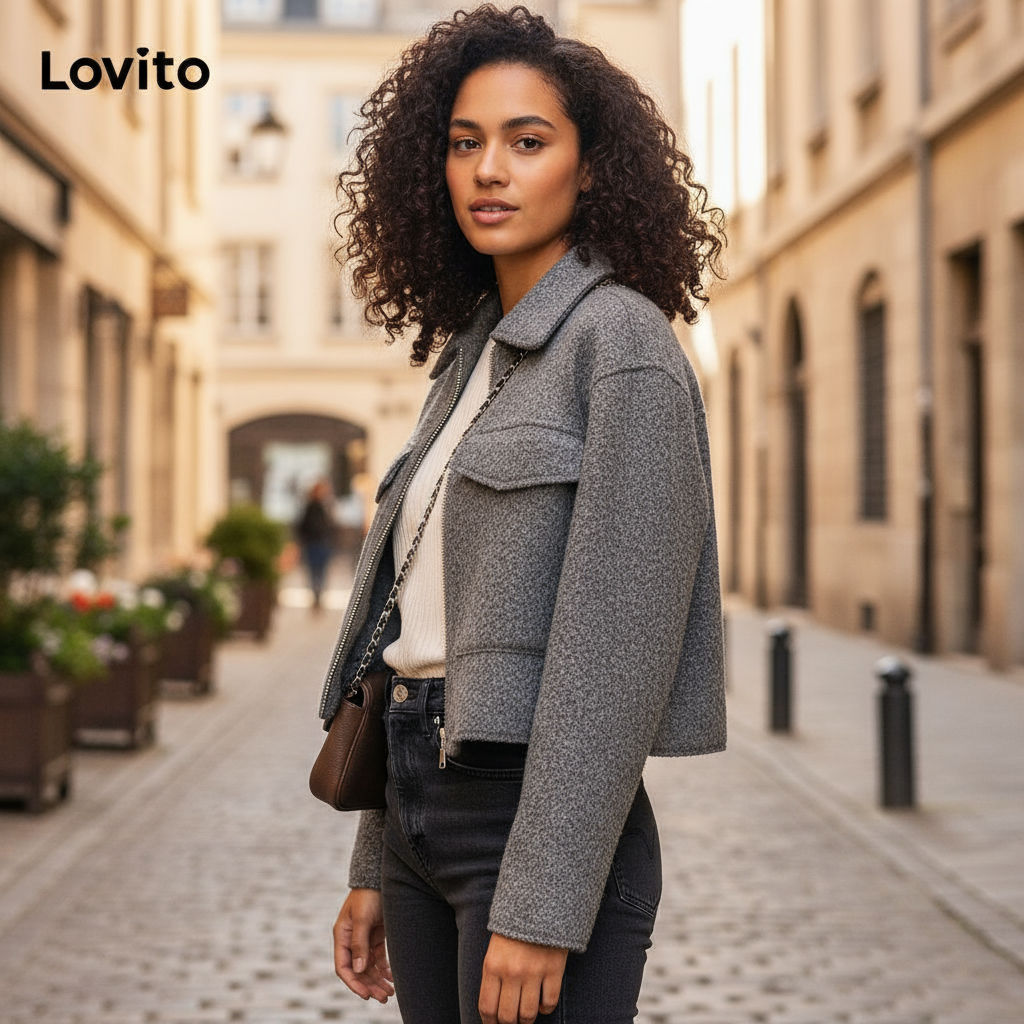Lovito Casaco Casual Feminino Zíper Bolsos Liso LNL54290 em Oferta na Shopee