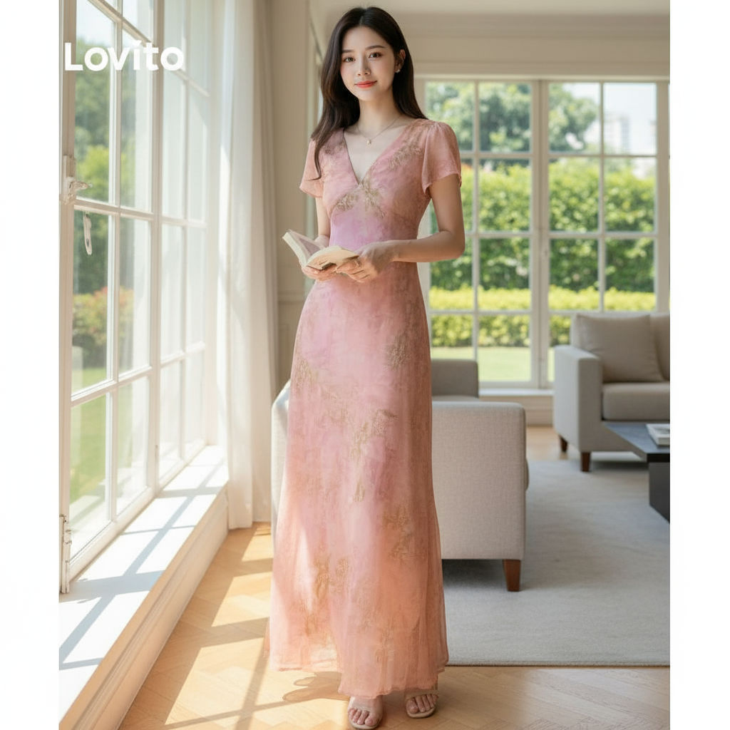 Lovito Refine Vestido Feminino Casual Natal Zíper Suave Primavera Verão Rosa L145LD056 em Oferta na Shopee
