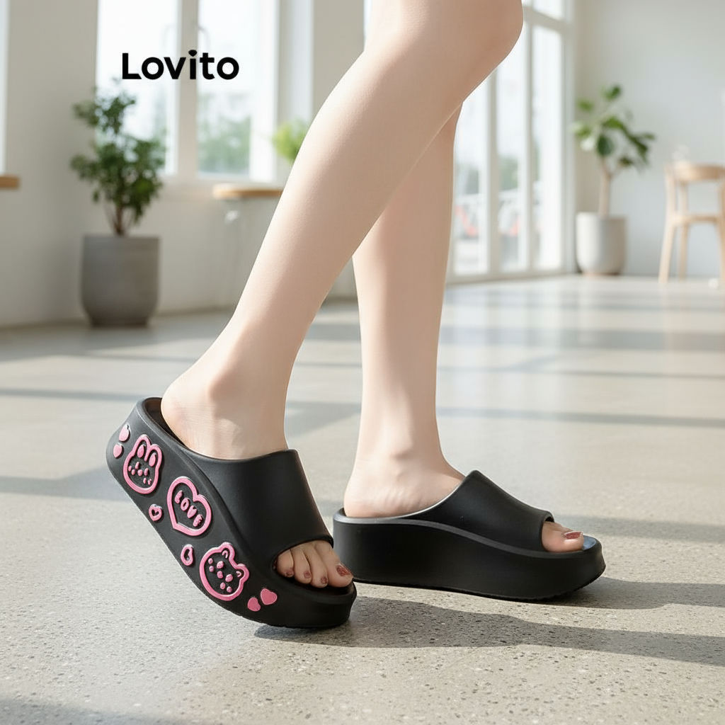 Lovito Chinelos casuais com design de desenho animado coração Colorblock para mulheres LFA69129