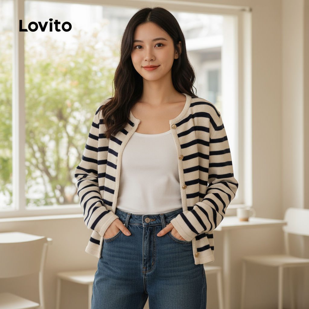 Lovito Cardigan Casual Listrado com Botões Metálicos Femininos LNE36135 (Multicolorido) em Oferta na Shopee