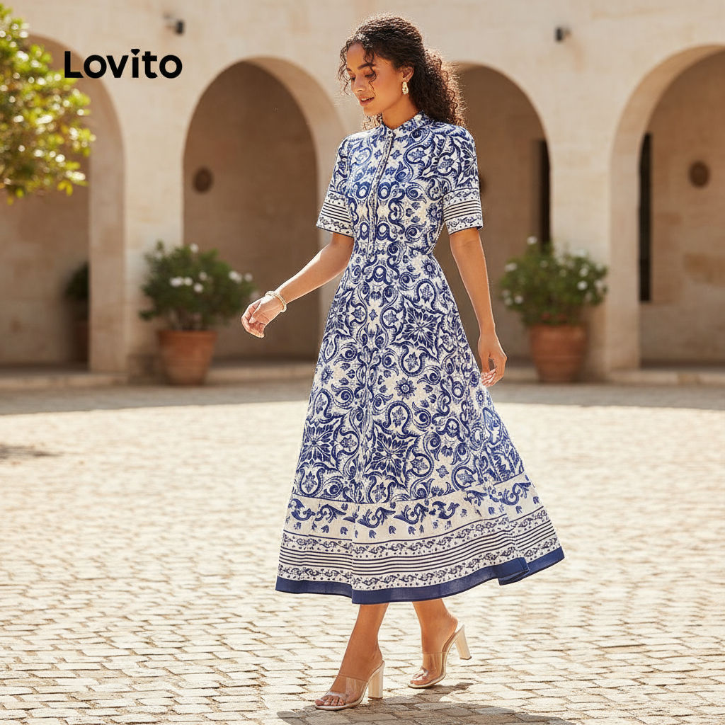 Lovito Vestido Boho Feminino com Drapeado Estilo Nacional Primavera Verão L155AD396