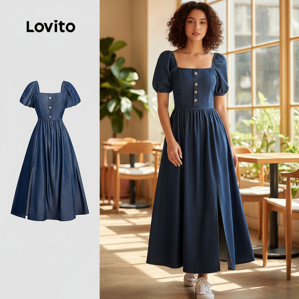 Lovito Vestido Casual Jeans Botão Toque Macio Azul Primavera Verão LBL26264 em Oferta na Shopee