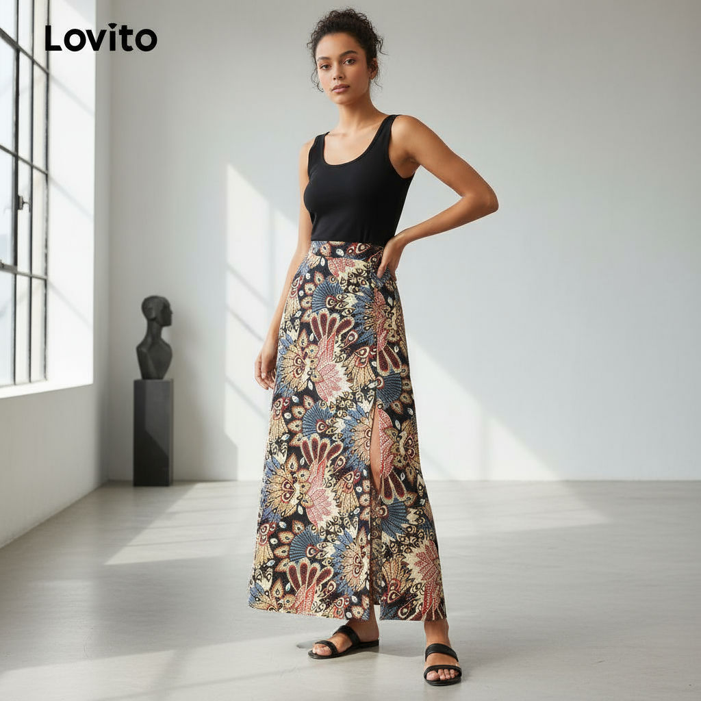 Lovito Saia Feminina Boho com Fenda Frontal e Estampa Tribal L124AD1291 em Oferta na Shopee