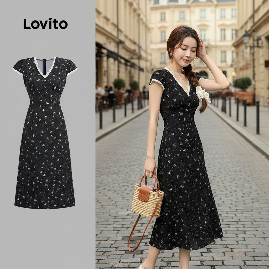 Lovito Refine Vestido Feminino de Renda em Cores Contrastantes para Primavera/Verão Casual L151AD417