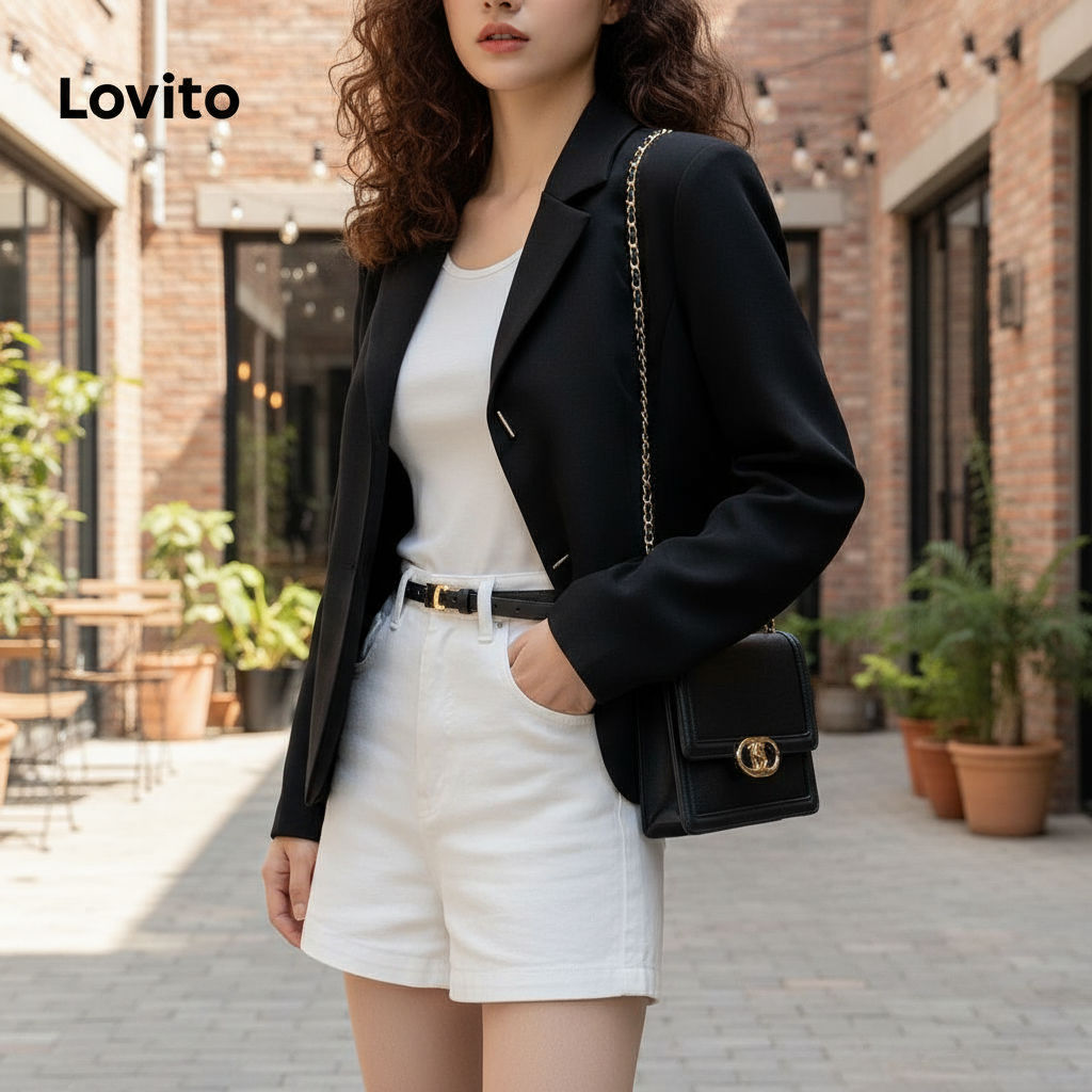 Lovito Blazer Casual Feminino Estrutura Lisa Com Detalhe em Metal LAD106019 em Oferta na Shopee