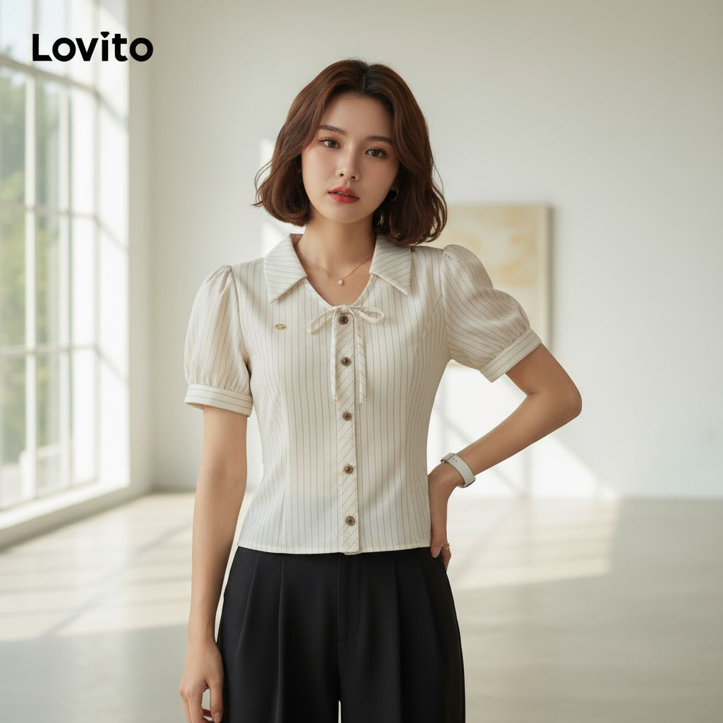 Lovito Blusa Delicada Listrada com Botões Metálicos Frontais para Mulheres L110AD044 em Oferta na Shopee