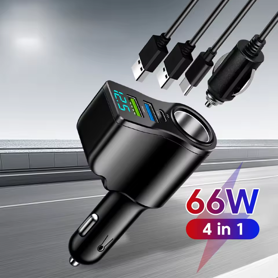  Novo carregador de carro multifuncional digital rápido com duas portas USB e isqueiro de um para três, 66W