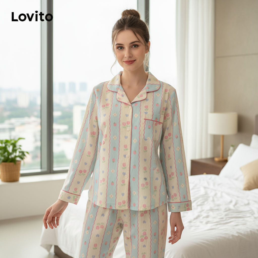 Lovito Pijama feminino simples e confortável padrão multicolorido LNA71285 em Oferta na Shopee