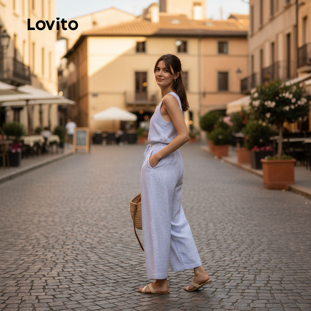 Lovito Casual Macacão feminino azul em renda com amarração para primavera verão Bordado L155AD1294
