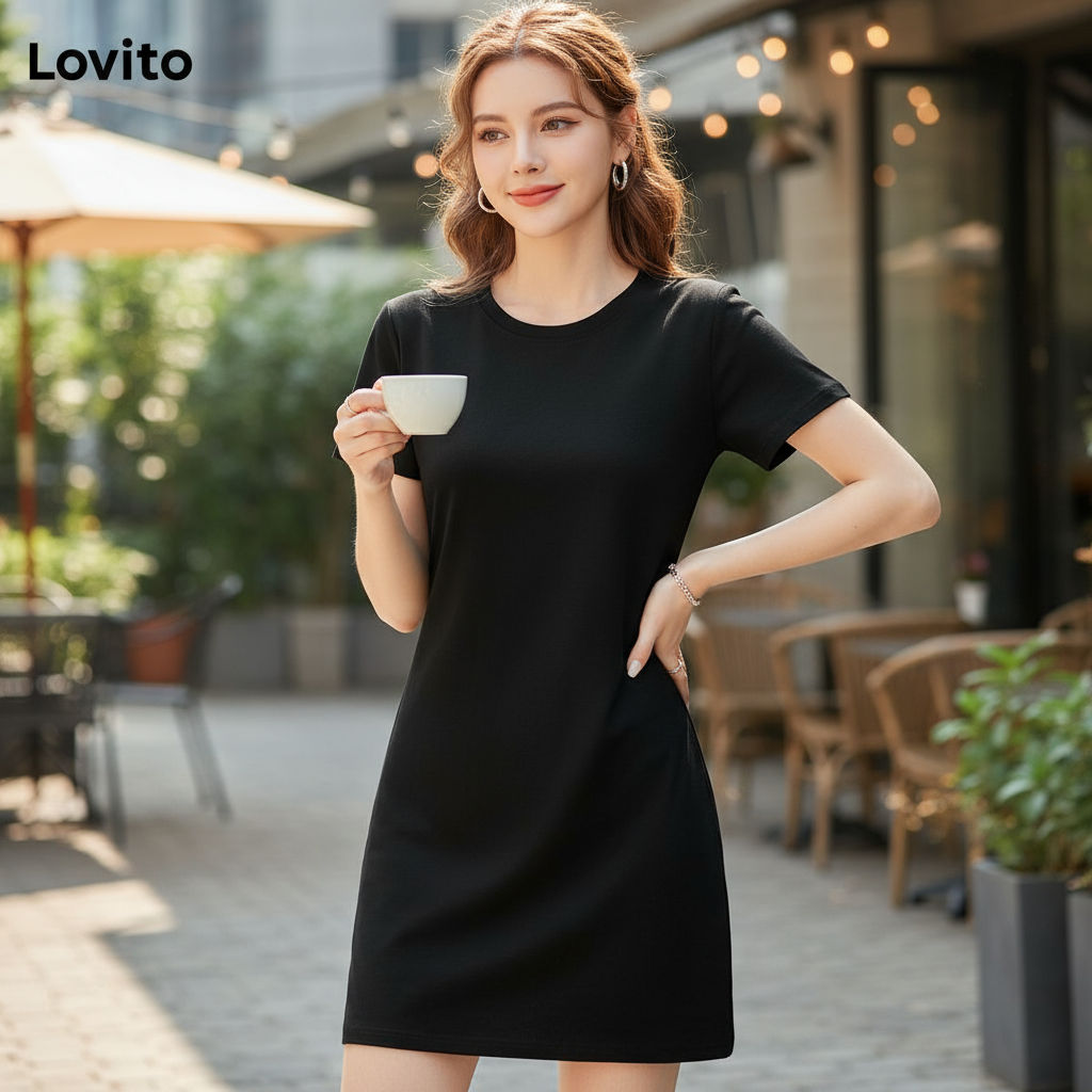 Lovito Vestido Básico Casual Simples Feminino LNE53275 em Oferta na Shopee