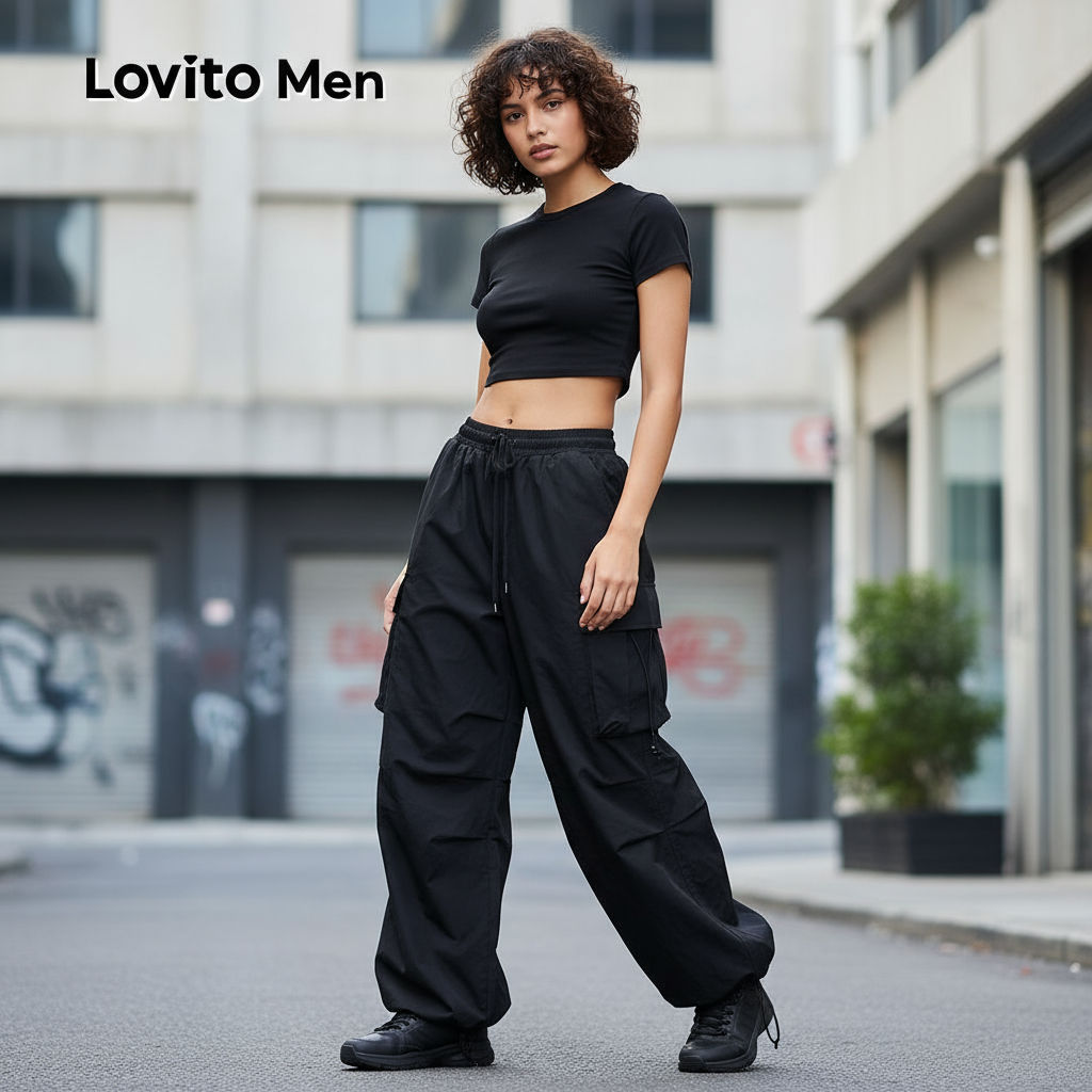 Lovito Estrutura de Bolso de Carga Casual com Linha de Amarração para Todas As Estações em Preto Cargo LNE118052 em Oferta na Shopee