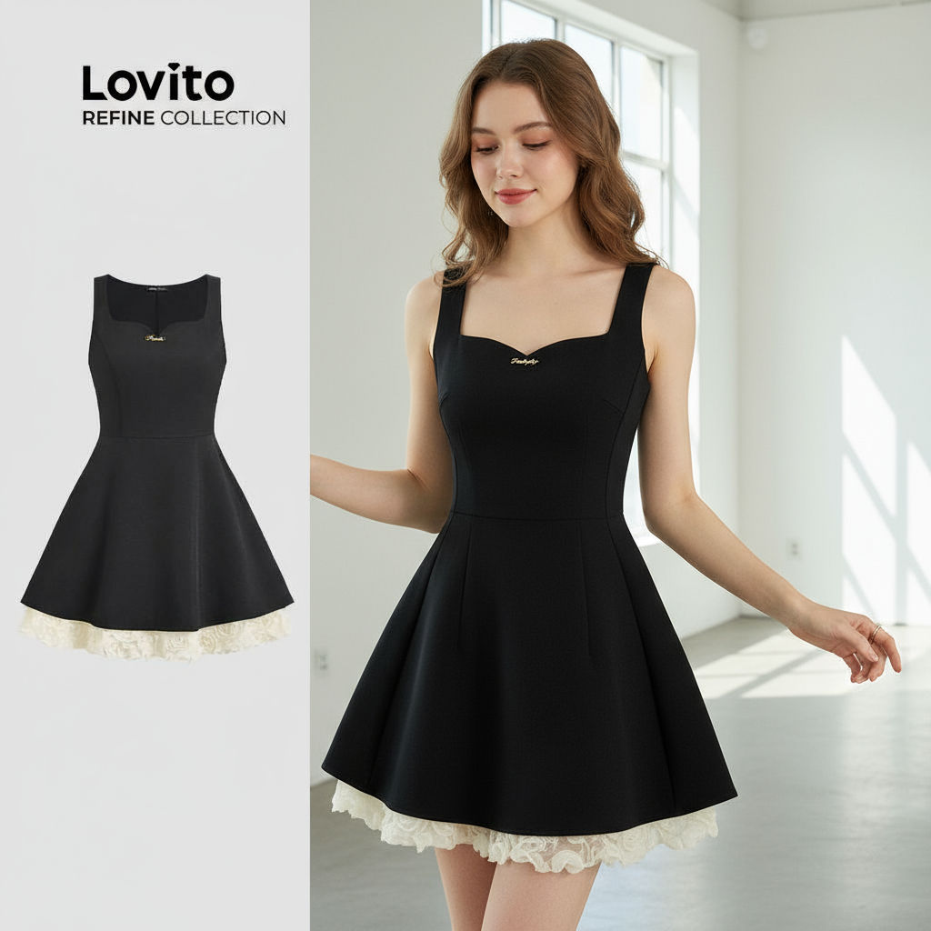 Lovito Refine Vestido Preto Feminino Casual 2 Em 1 Drapeado Primavera Verão LR12A171 em Oferta na Shopee