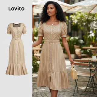 Lovito Vestido Feminino Casual com Estampa Geométrica Primavera/Verão Caqui L154ED175 em Oferta na Shopee