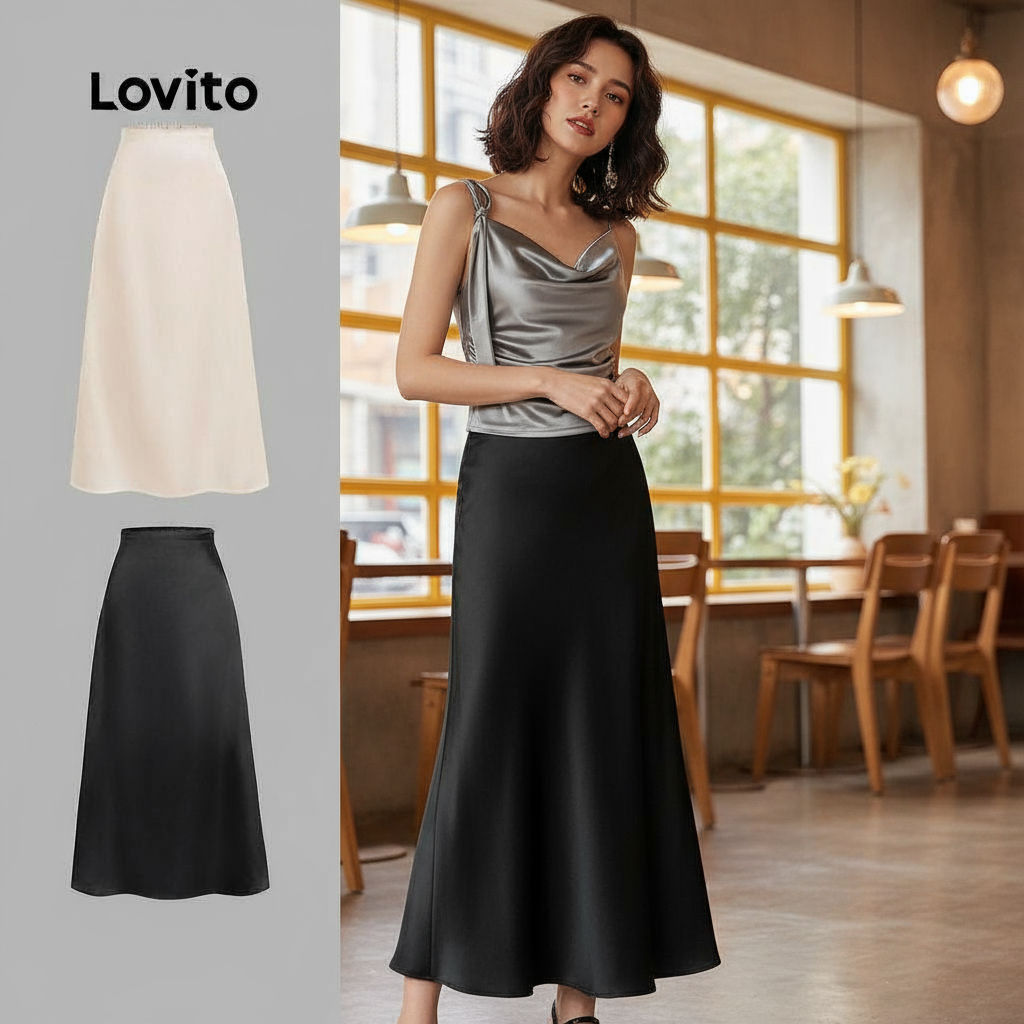 Lovito Saias femininas sofisticadas com fechamento zíper simples L104ED197 em Oferta na Shopee