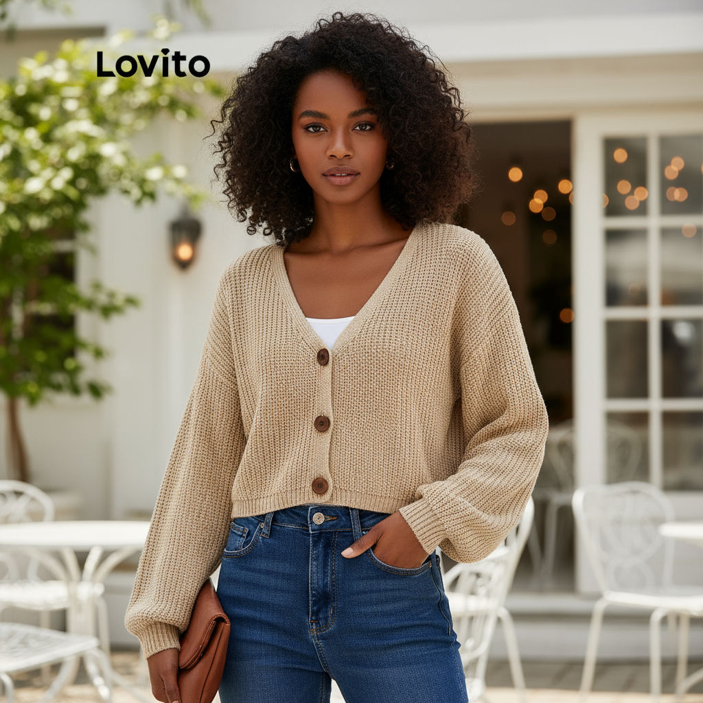 Lovito Cardigans Lisos Manga Longa Com Botões E Tricot Para Mulheres L21LT091 (Caqui/Branco) em Oferta na Shopee