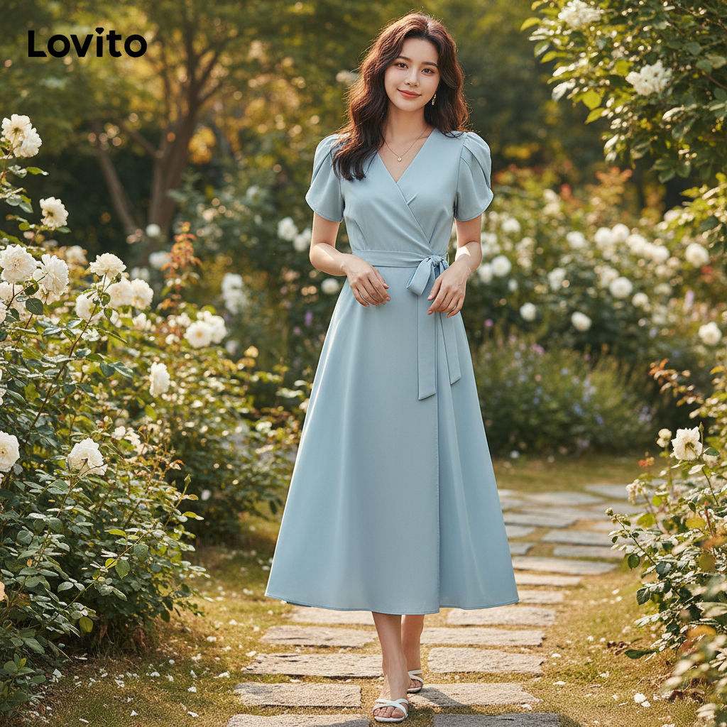 Lovito Refine Vestido Casual Liso Com Cinto Evasê Para Mulheres L65ED138 (Damasco/Azul) em Oferta na Shopee