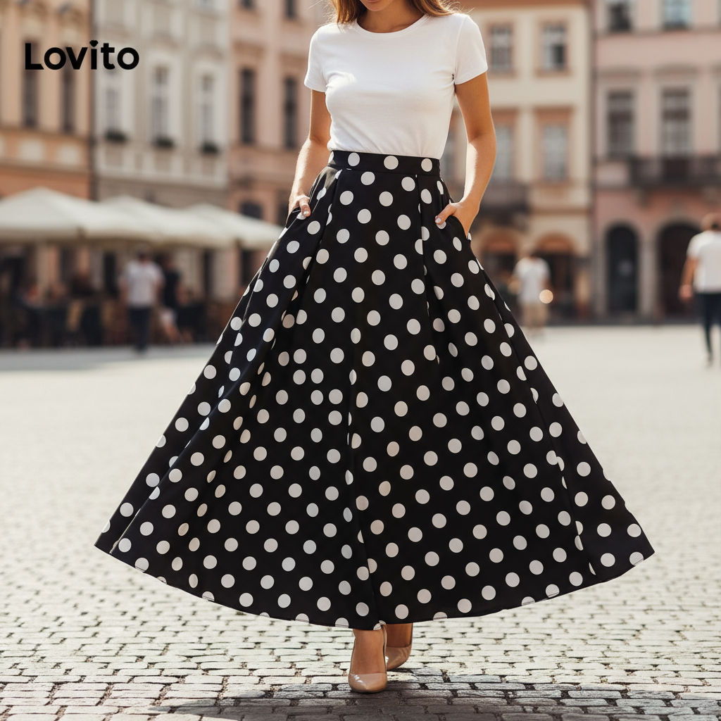 Lovito Saias Estilo Boho Com Bolinhas E Pom Para Mulheres LNL69117 em Oferta na Shopee
