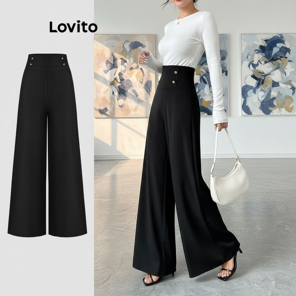 Lovito Calça Feminina Sofisticada com Botão e Zíper Lisa Verão/Primavera L120LD1037 em Oferta na Shopee