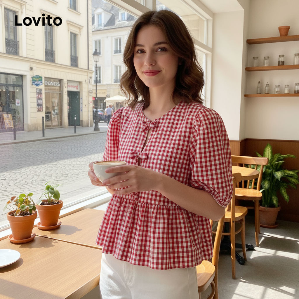 Lovito Blusa Delicada Guingão Com Amarração Frontal Feminina L101AD087 em Oferta na Shopee