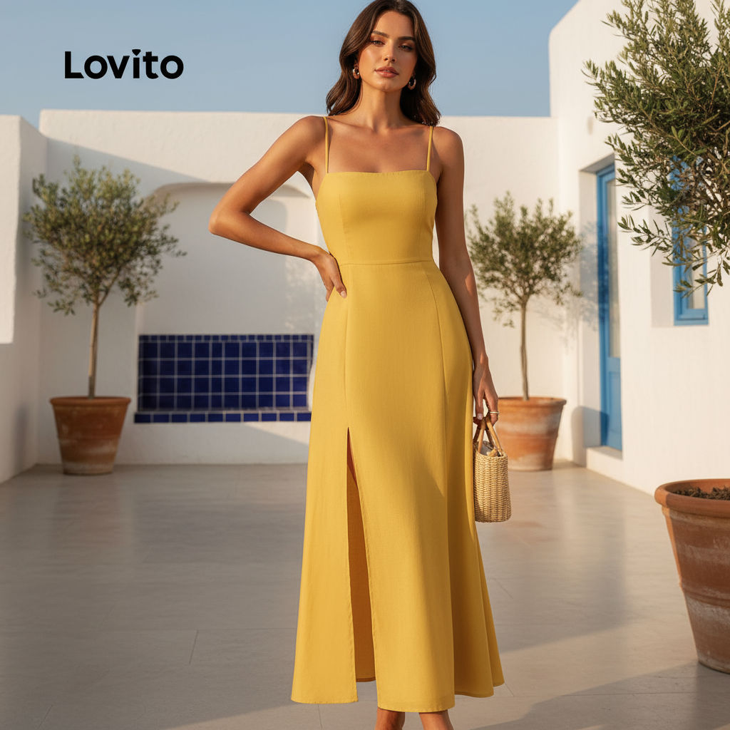 Lovito Vestido Boho Fenda Frontal Macio Conforto Verão Amarelo L137ED583 em Oferta na Shopee