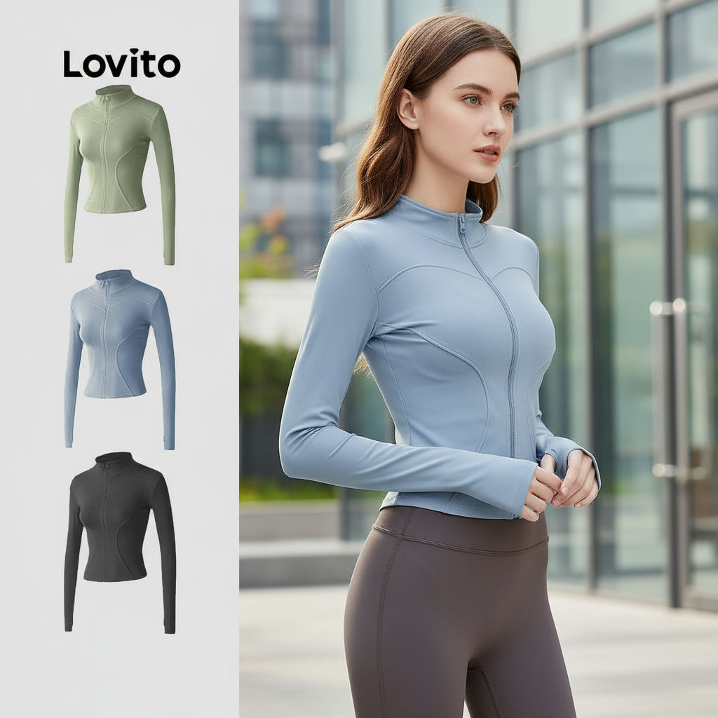 Lovito Jaqueta Esportiva Confortável Elástica Flexível para Yoga Top Modelagem Ajustada Secagem Rápida LNA124047 em Oferta na Shopee