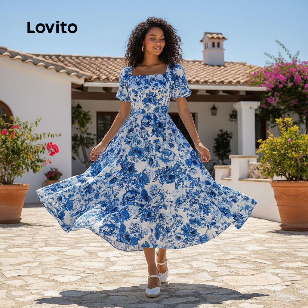 Lovito Vestido Azul Boho Babados Verão Feminino L154ED159 em Oferta na Shopee