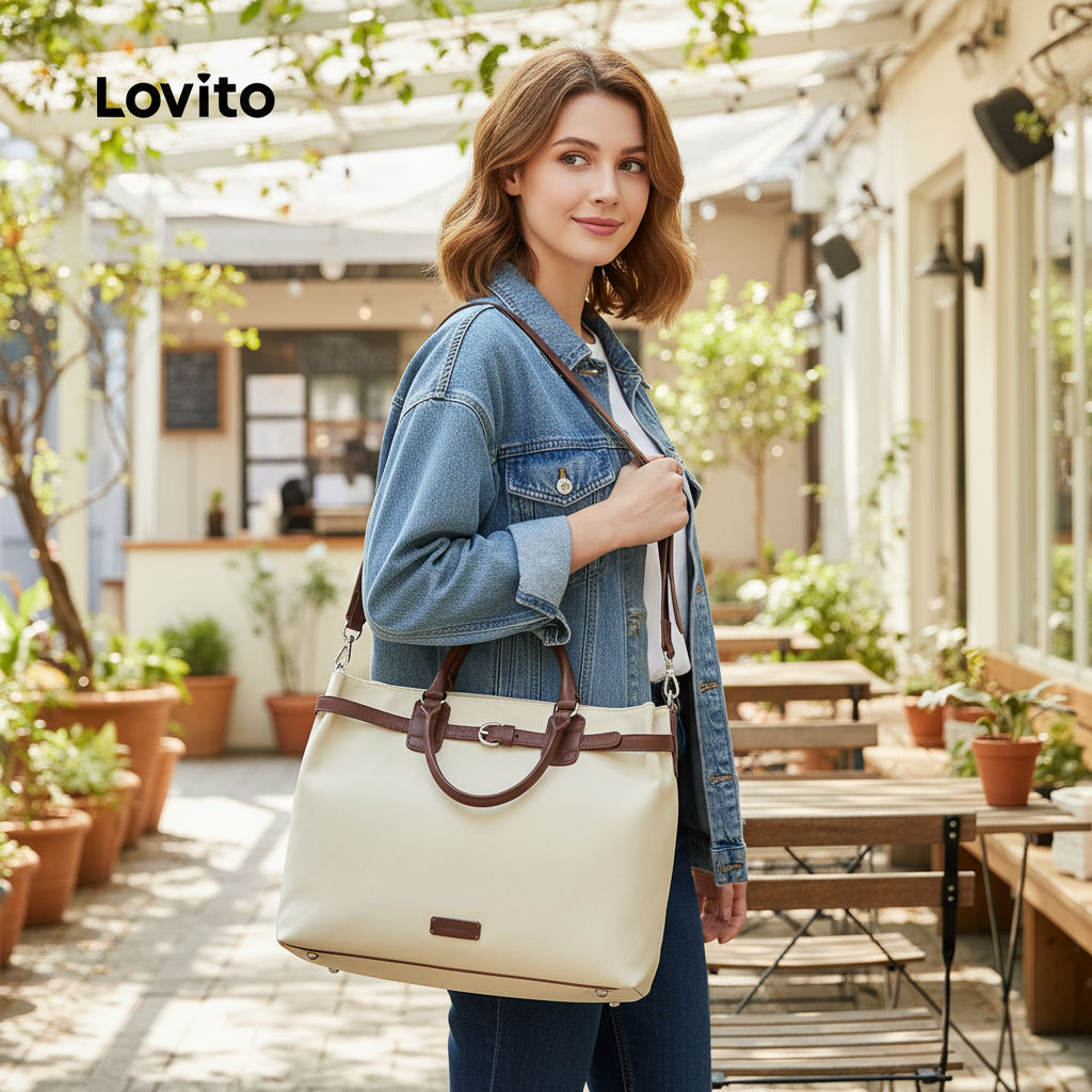 Lovito Mochila formal feminina de grande capacidade com design bicolor LFA77002 em Oferta na Shopee