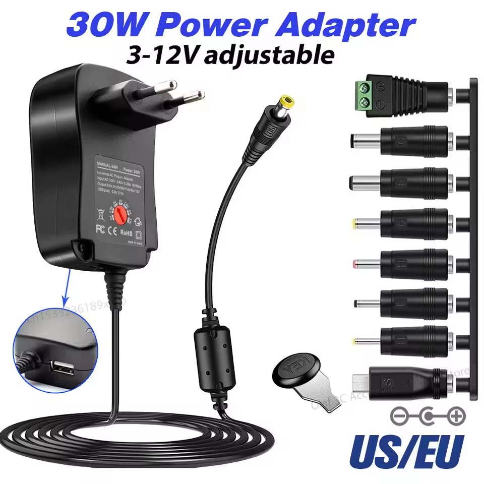 Adaptador De Tensão Ajustável De Extensão De Tomada De Energia 30W 3V-12V Fonte De Alimentação Universal 8 Pontas