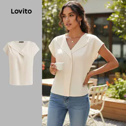 Lovito Elegante Blusa Feminina Plissada Lisa Assimétrica Verão Primavera L128ED564