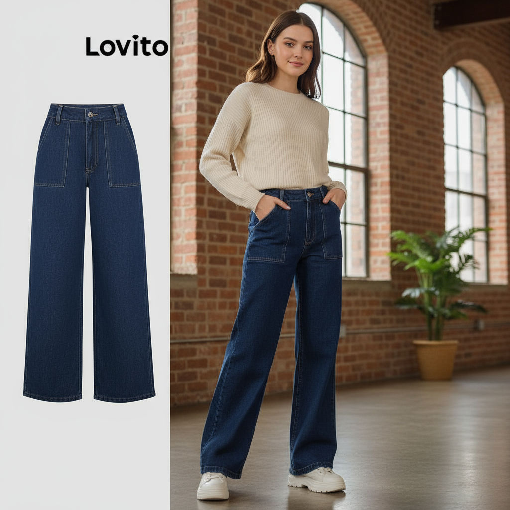 Lovito Calça Jeans Feminina Casual Com Bolsos Lisos E Botão Recortado Para Todas As Estações L117AD092 em Oferta na Shopee