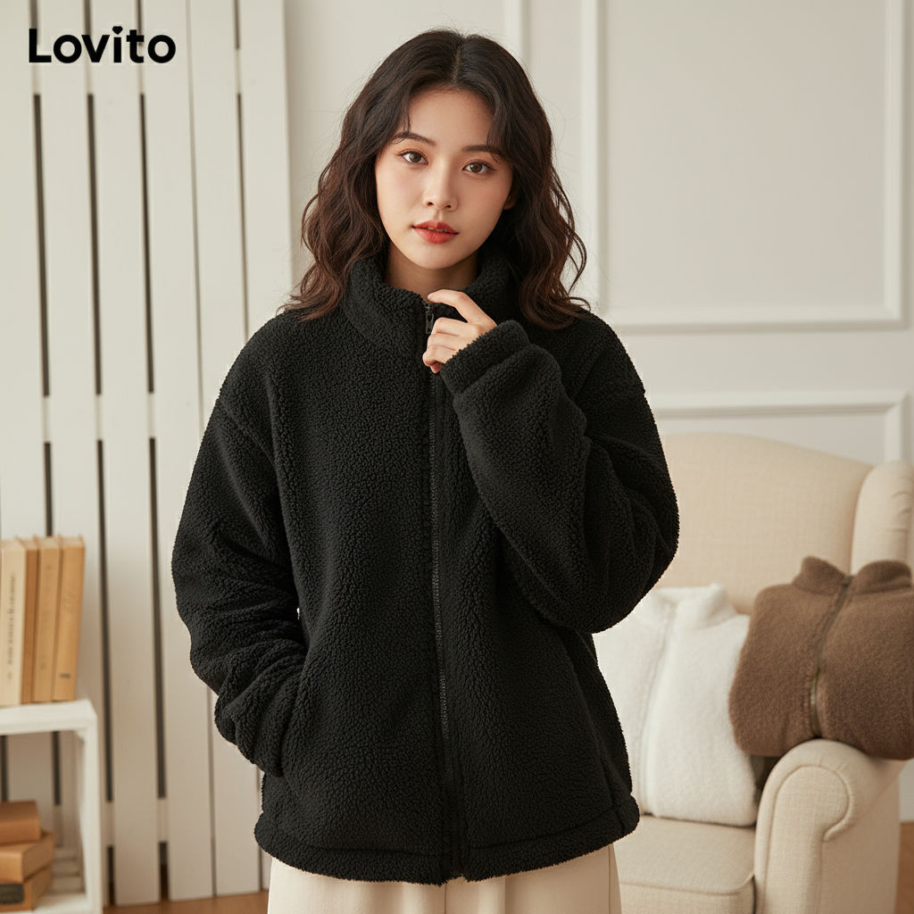 Lovito Refine Casaco Feminino Simples e Básico com Zíper LNE29211 (Damasco/Marrom/Cáqui Claro/Preto) em Oferta na Shopee